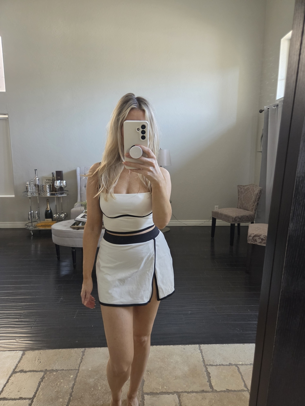ALO White and Black Trim Two-Piece Skirt Set